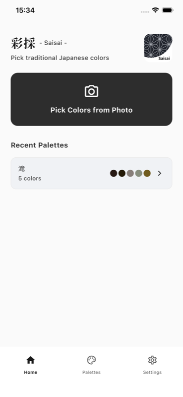Saisai home screen showing Pick Colors from Photo button and recent palettes
